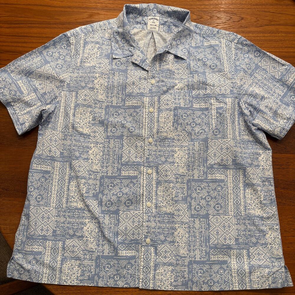 Brooks Brothers Men's Blue White Print Short Sleeve Button Down Shirt size XL
